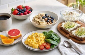 High-protein breakfast spread with eggs oats fruit yogurt and toast