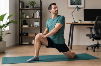 Adult stretching on a mat beside a desk for a mobility routine